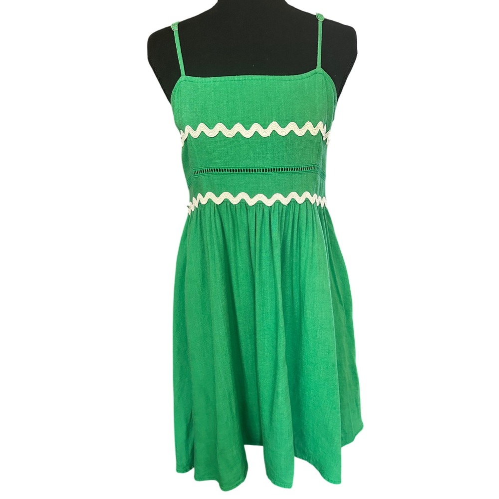 THML Green Linen Blend Rickrack Trim Mini Sun Dress WCT1944-GN Size M